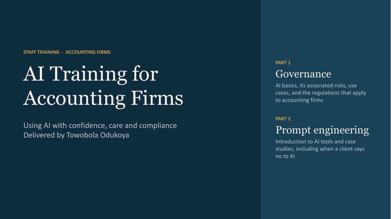 Cover slide: AI Training for Accounting Firms, delivered by Towobola Odukoya